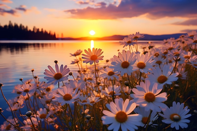 wild flowers by the lake at sunset