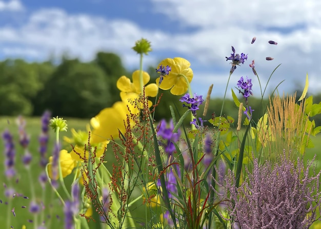 wild flowers on field summer nature background