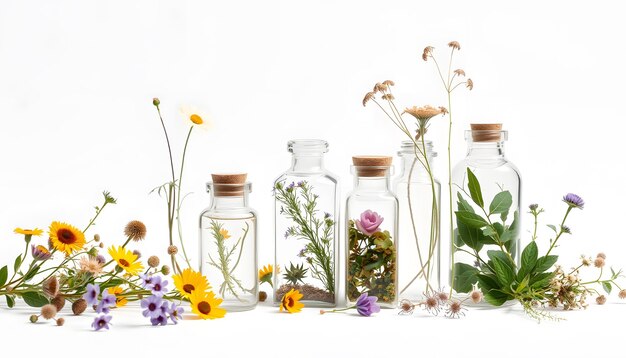 Wild flowers and herbs medical glass containers isolated on white background isolated with white