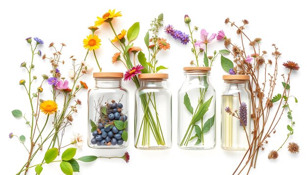 Wild flowers and herbs medical glass containers isolated on white background isolated with white