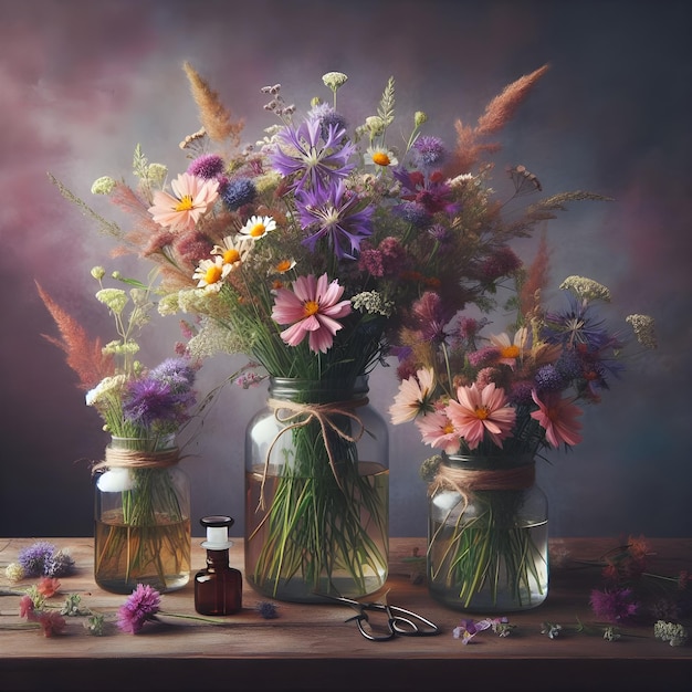 Wild flowers in jar vases