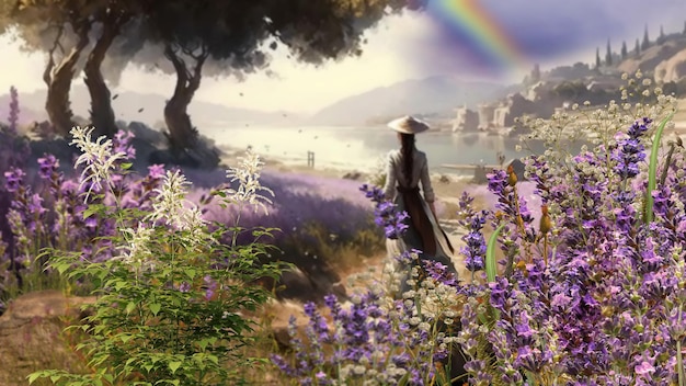 wild flowers  lavender  field on horizon romantic young people  walk , cloudy sky and rainbow