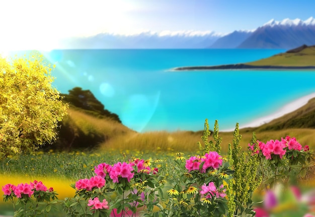 wild flowers and trees blue sky sunlight and mountain on front sea water sea beautiful seascape