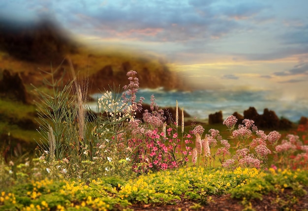 wild flowers and trees blue sky sunlight and mountain on front sea water sea beautiful seascape