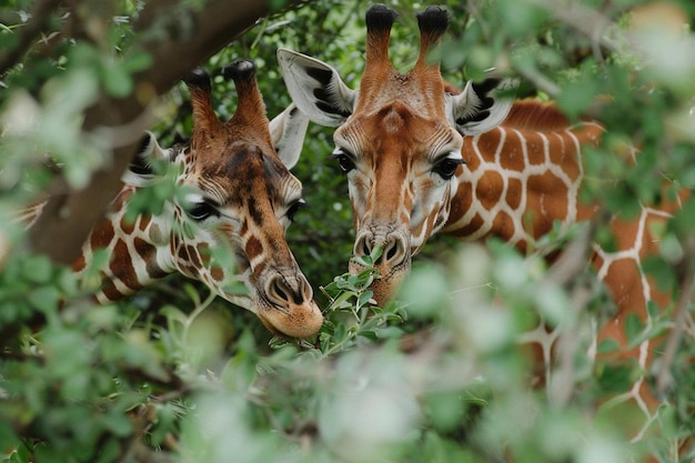 Wild giraffes eating the leaves of a tree in tanzania