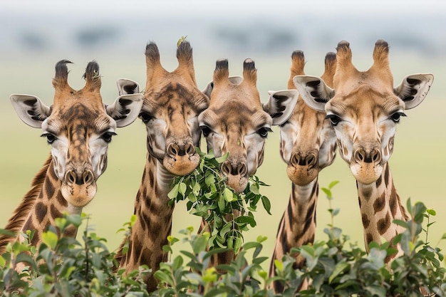 Wild giraffes eating the leaves of a tree in tanzania