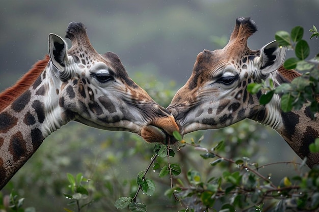 Wild giraffes eating the leaves of a tree in tanzania