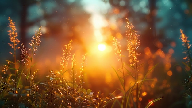 Wild grass in the forest at sunset Macro image shallow depth of field Abstract summer nature backgro