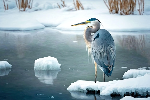 Wild heron standing near frozen pond and waiting for food generative ai