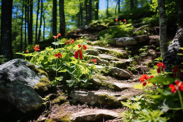 Wild hiking trail lined with ranunculus Natural beautiful Primroses flowers