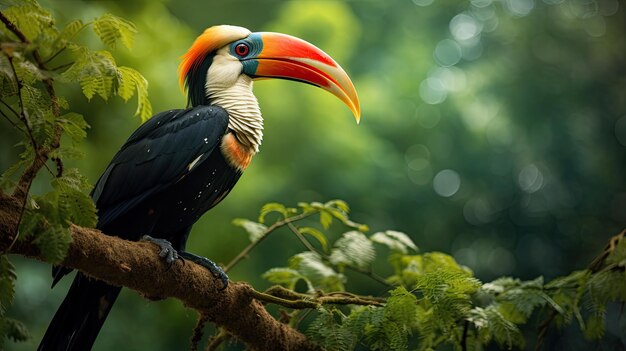 Wild hornbill on forest background