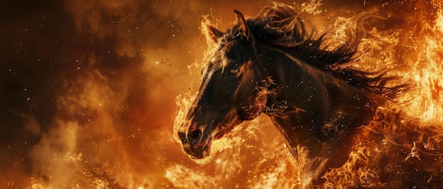 Photo wild horse neighing with intense flames in the backdrop capturing powerful and dramatic presence