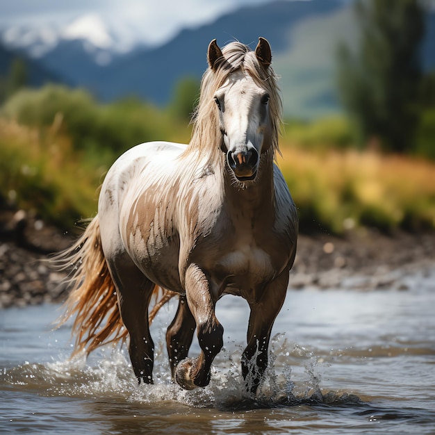 A wild horse running in the creek Wild or farm animals