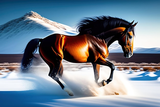 Wild horse running through snowy landscape Digital artwork