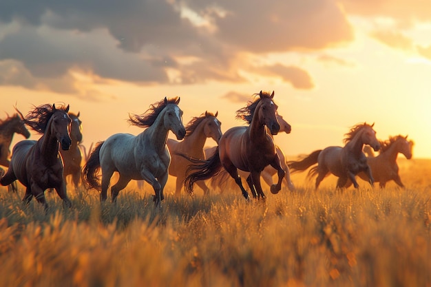 Wild horses galloping across a grassy plain