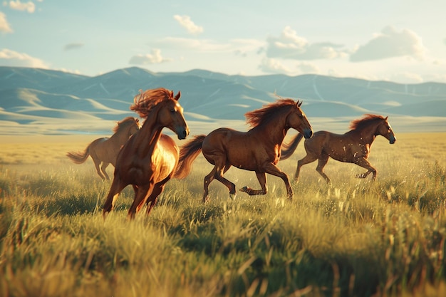 Wild horses galloping across a grassy plain