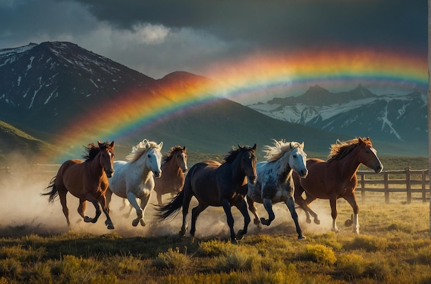 Wild Horses Galloping with Mountain Rainbow