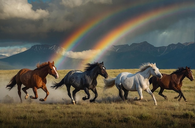 Wild Horses Galloping with Mountain Rainbow