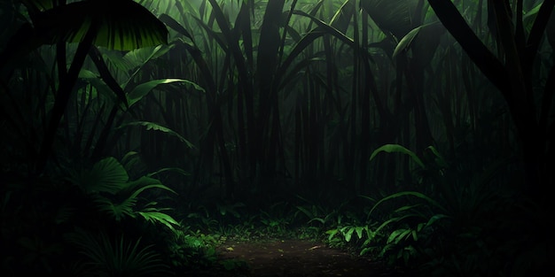 Wild jungle in night Scary thicket of the rainforest Dark tropical forest with exotic plants palm trees big leaves and ferns Green vegetation illuminated by moonlight Generative AI