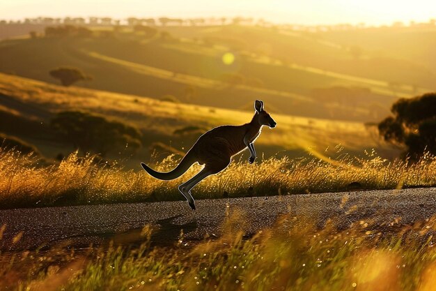 Photo wild kangaroo crossing rural road at sunrise in australian outback