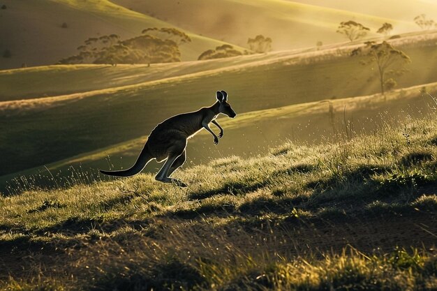 Photo wild kangaroo crossing rural road at sunrise in australian outback