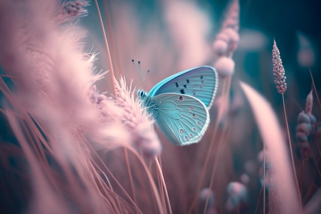 Wild meadow grass and butterfly in spring in nature macro Beautiful summer meadow Generative AI