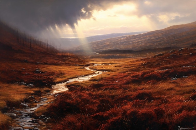 The wild moors of Scotland in the bright day cold morning sun AI generative