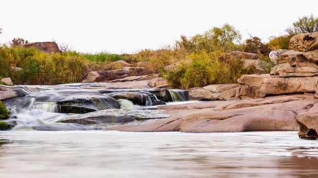 Wild Mountain River Flowing with Stone Boulders and Stone Rapids Rapid Splashing water in Creek Mountain stream in the autumn Abundant Clear Stream Tokiv canyon Ukraine