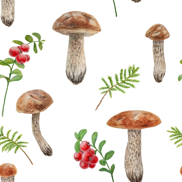 Wild mushrooms red wild berries and moss watercolor seamless pattern Hand drawn botanical realistic illustration Forest boletus and cranberry isolated on white background