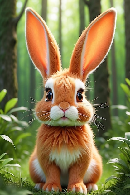 A wild orange Rabbitbunny with big ears in a fresh green forest Spring baby rabbit or Easter rabbit