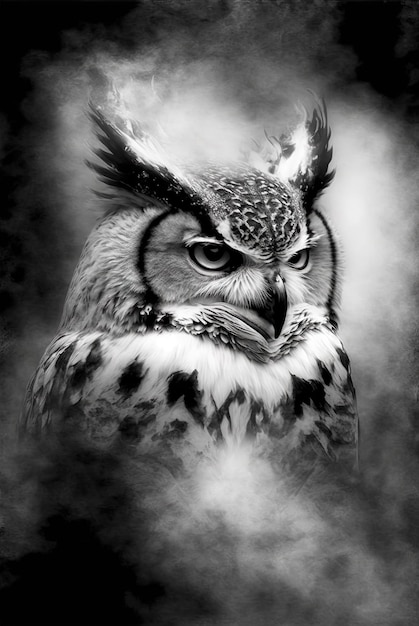 Wild owl in the forest Black and white style wildlife element Generated AI