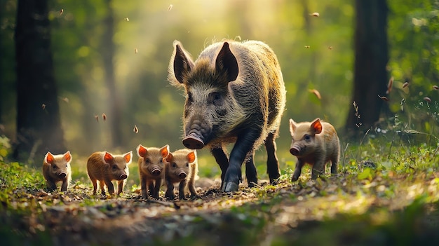 Photo wild pigs in the forest selective focus