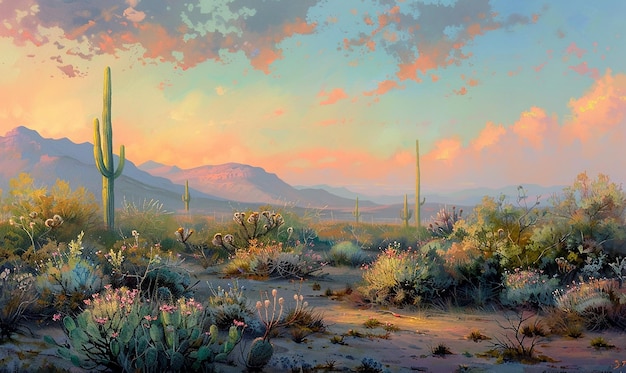 Wild Plants in Desert Landscape at Dusk