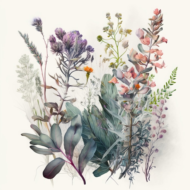 Wild plants, watercolour style, white background