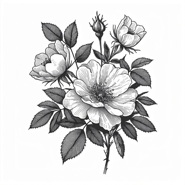 Photo wild rose flower line art