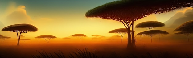 Wild savanna landscape banner Savannah African wildlife with acacia trees grass sand Africa landscape African