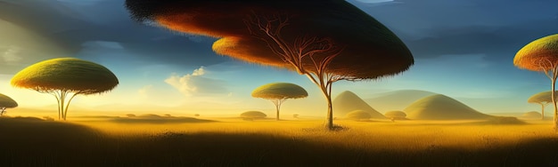 Wild savanna landscape banner Savannah African wildlife with acacia trees grass sand Africa landscape African