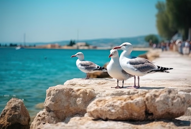 Wild seagulls family resting on concrete pier dock during daytime