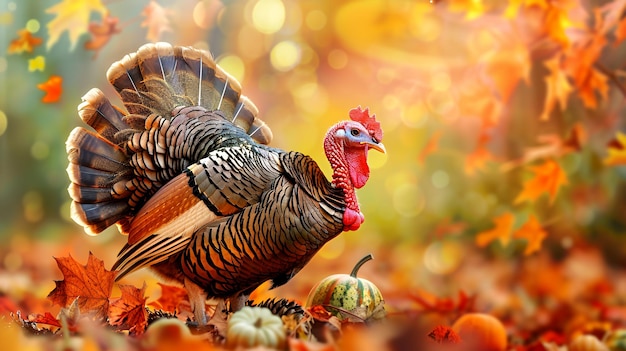 A wild turkey stands in a bed of colorful fall leaves