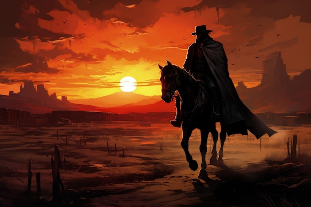 Wild West Cowboy Riding into the Sunset Generative AI