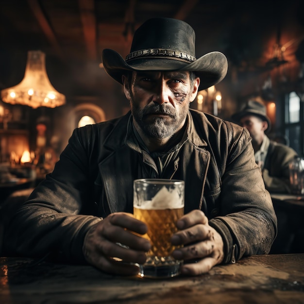 In a Wild West saloon a cowboy drinksGenerative Ai