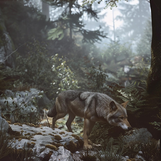 Photo a wild wolf prowling through rugged terrain with a dense forest backdrop