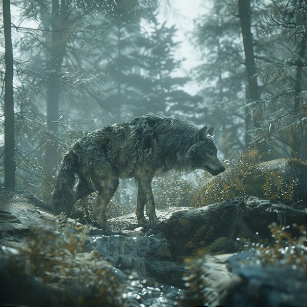 A wild wolf prowling through rugged terrain with a dense forest backdrop