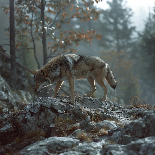 A wild wolf prowling through rugged terrain with a dense forest backdrop