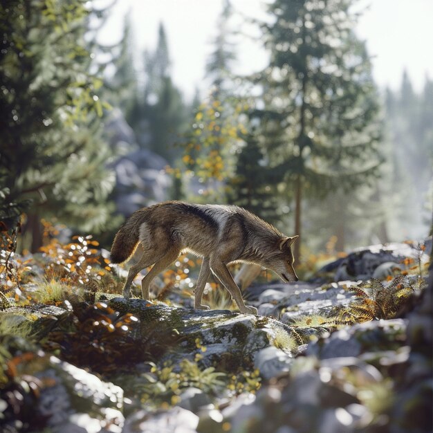 A wild wolf prowling through rugged terrain with a dense forest backdrop