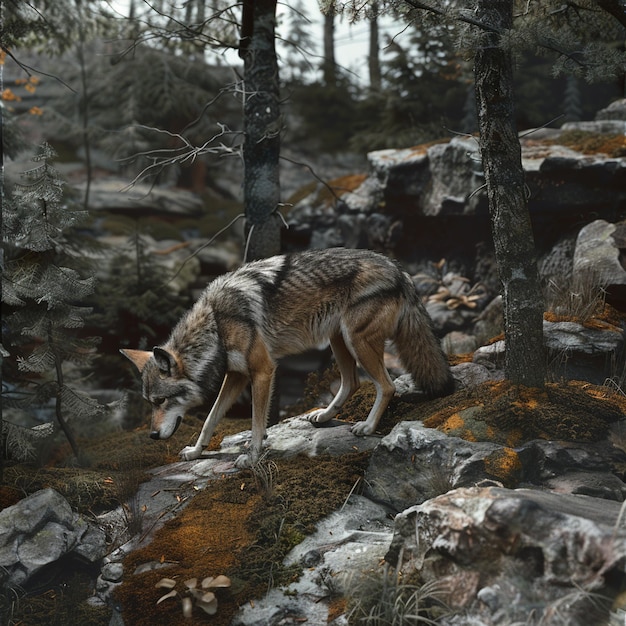 Photo a wild wolf prowling through rugged terrain with a dense forest backdrop