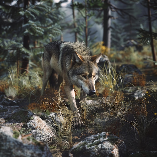 A wild wolf prowling through rugged terrain with a dense forest backdrop