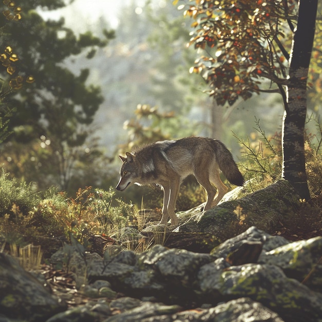 Photo a wild wolf prowling through rugged terrain with a dense forest backdrop