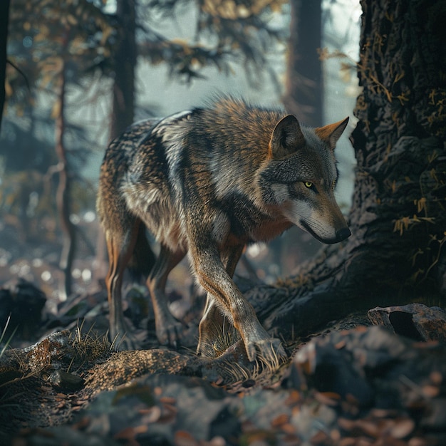 A wild wolf prowling through rugged terrain with a dense forest backdrop