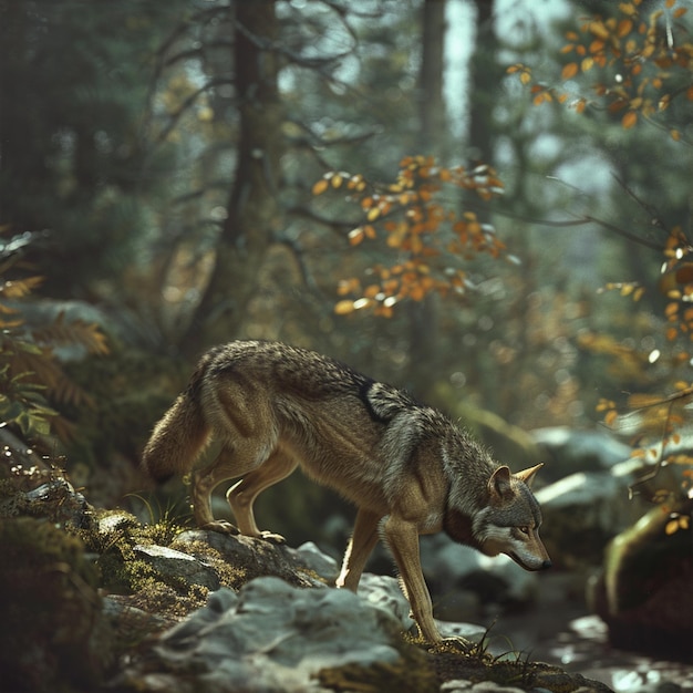 A wild wolf prowling through rugged terrain with a dense forest backdrop